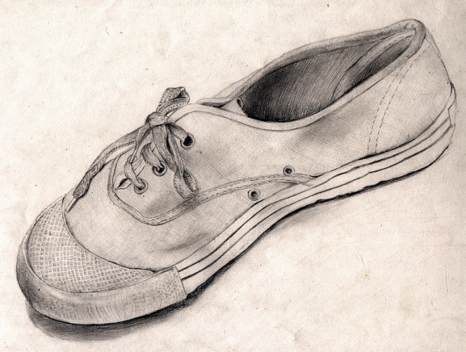 Still life 2. Old canvas shoe. Pencil on cartridge paper © 1990 Maddy. (gipsygeek)